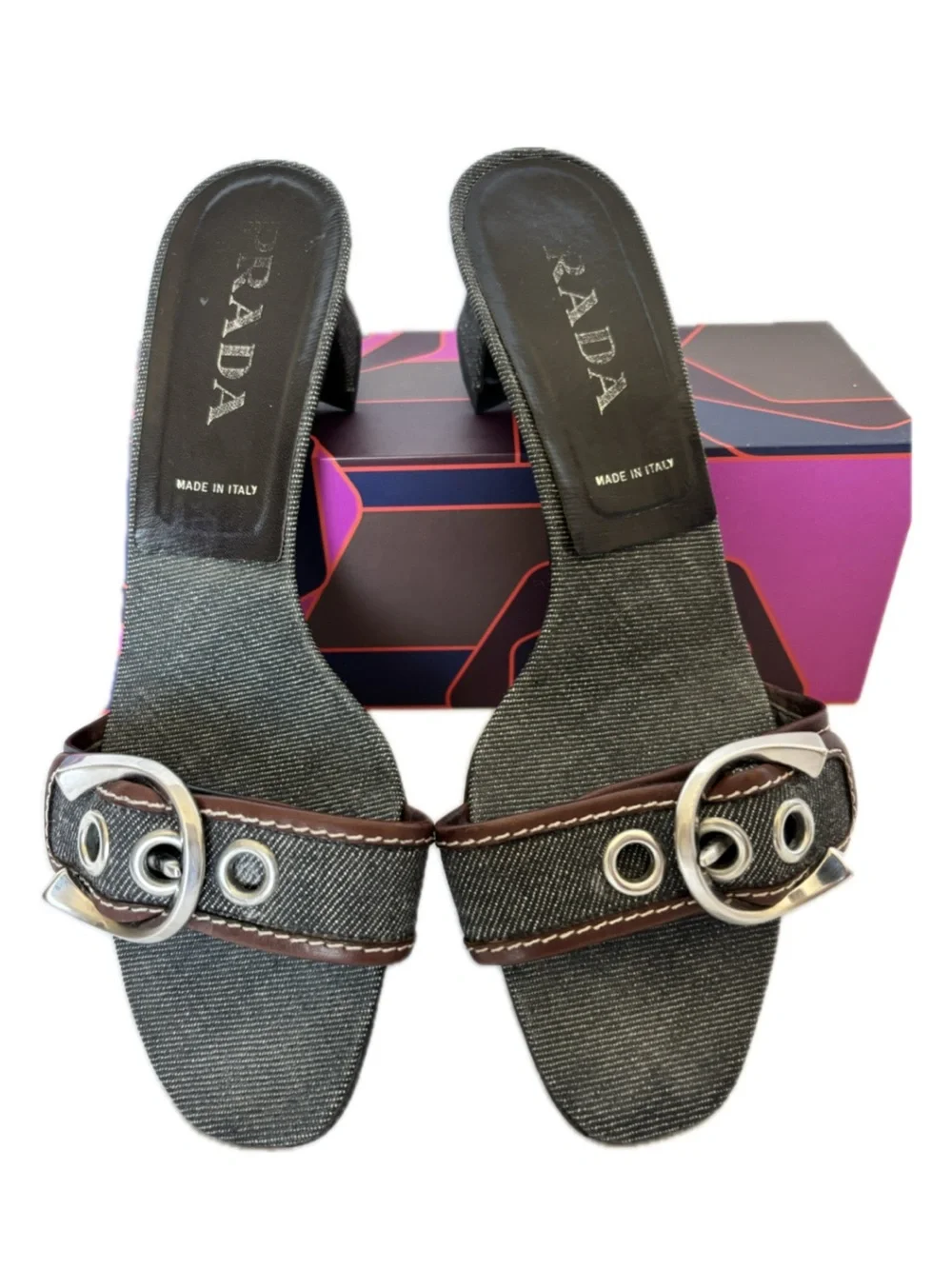 PRADA VINTAGE Silver Buckle Dark Blue Denim Leather Slide Sandals IT Size 38 1/2